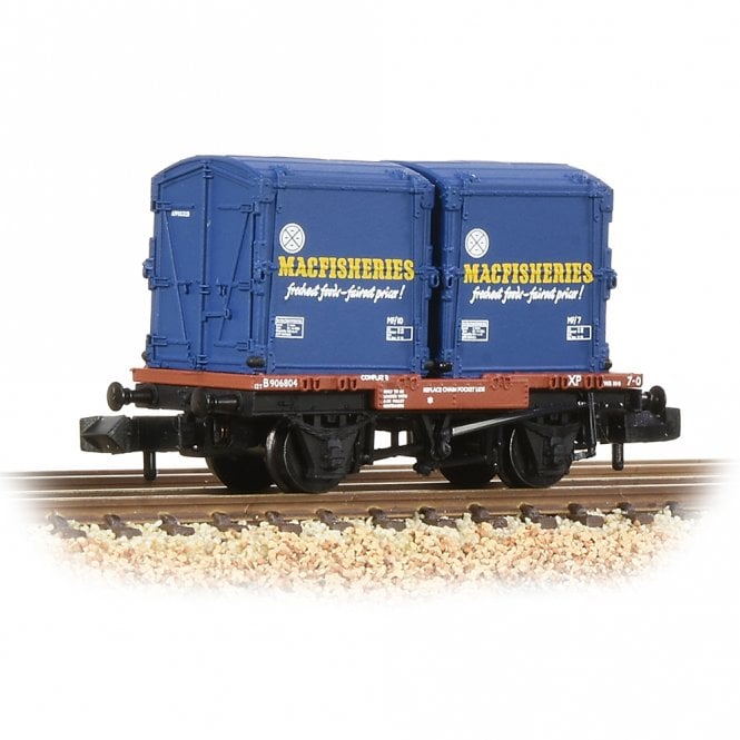 Graham Farish Conflat Wagon BR Bauxite (Early) with 2 'Mac Fisheries' AF Conts