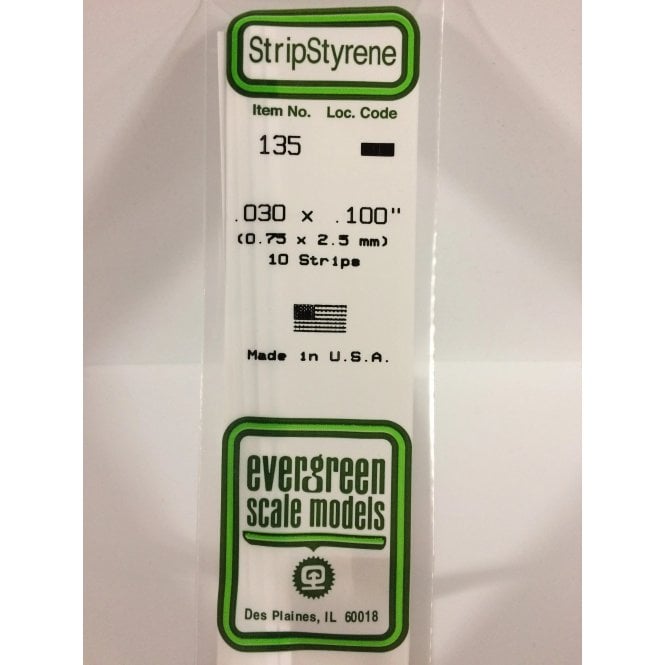 Evergreen EG135 .030 x .100 (0.75 x 2.5mm) Strip (10)