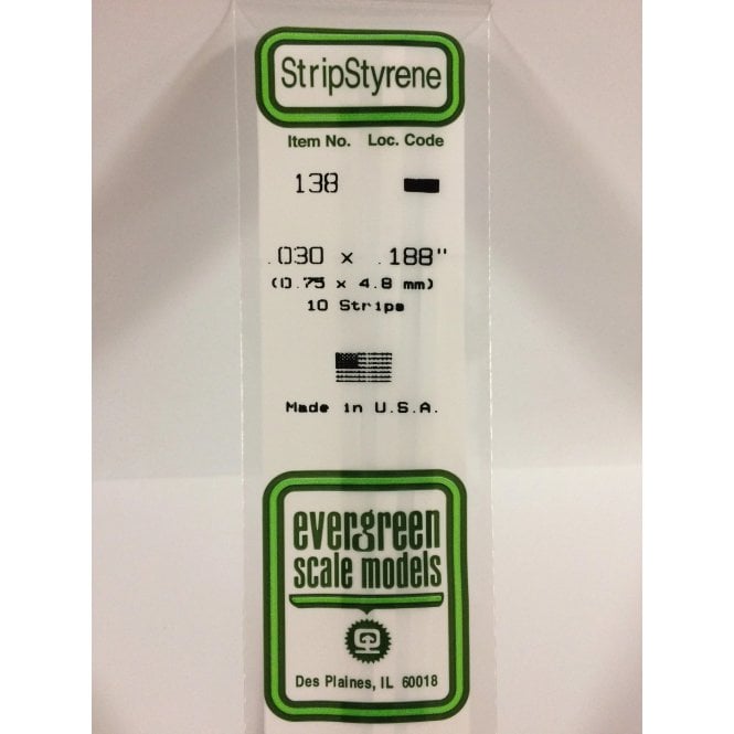 Evergreen EG138 .030 x .188 (0.75 x 4.8mm) Strip (10)