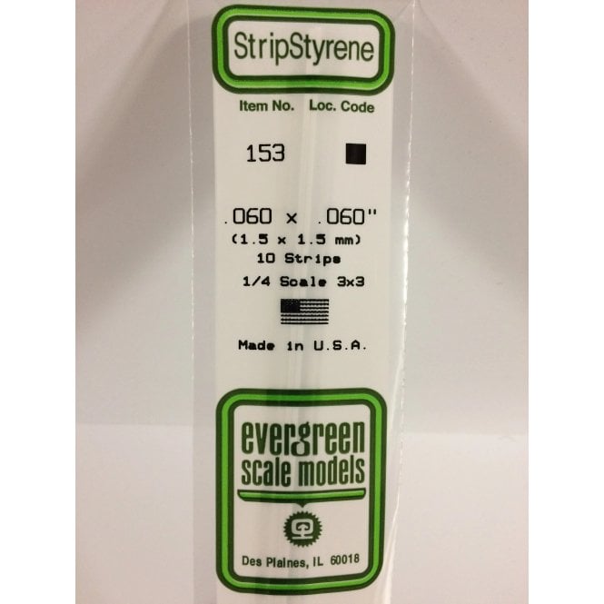Evergreen EG153 .060 x .060 (1.5 x 1.5mm) Strip (10)