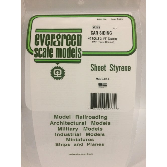 Evergreen EG2037 .020(0.50mm)th .037(0.95mm)sp HO Car Siding