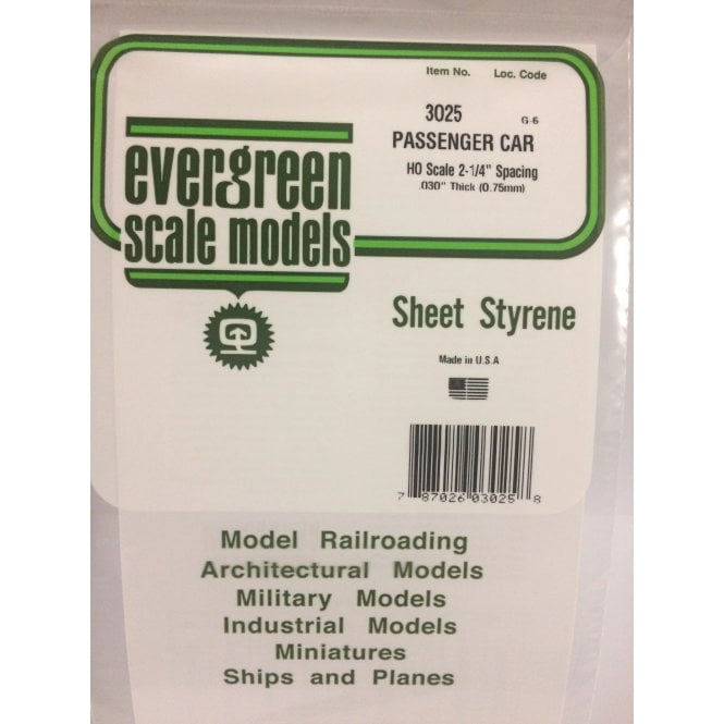 Evergreen EG3025 .30(0.75mm)th .025(0.64mm)sp HO Passenger Car