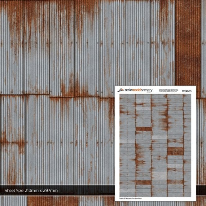 Scale Model Scenery Rusty & Weathered Corrugated Iron Texture Paper (Pk5) (OO)