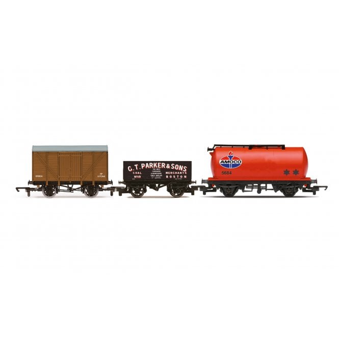 Hornby Triple Wagon Pack (Box Van, 8 Plank Wagon, TTA Tanker)