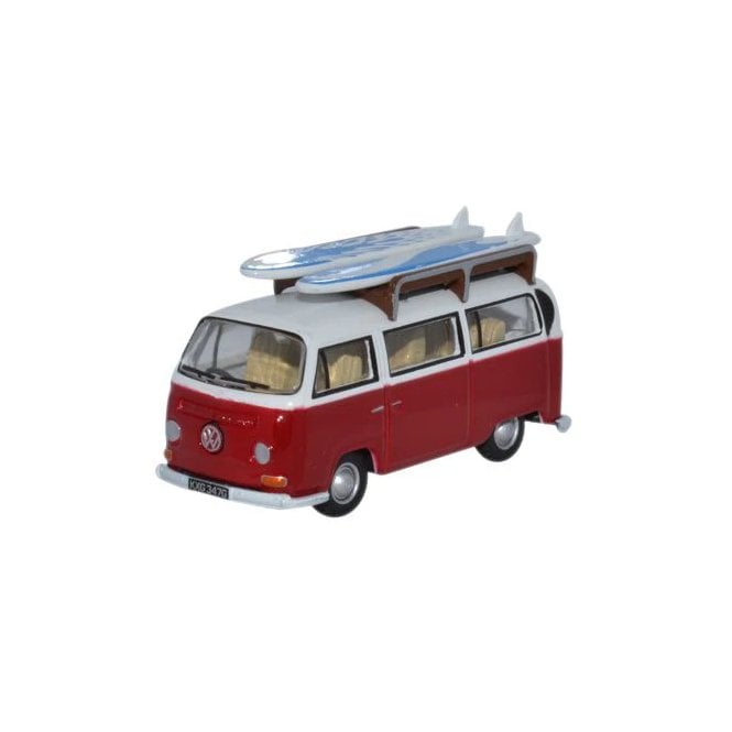 Oxford Diecast VW Bay Window Bus w/Surfboards - Montana Red/White (1:76)